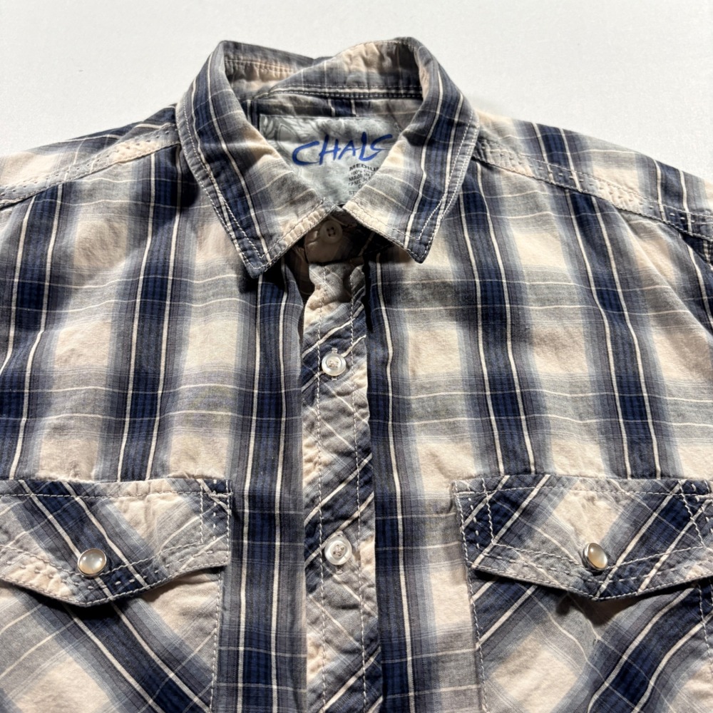 Chalc Plaid Button Down Shirt Mens Medium Blue White Cotton Western Snap Pocket